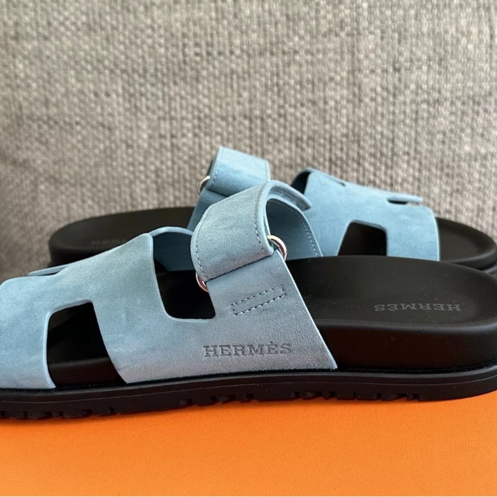 NIB HERMÈS Bleu Minéral Suede Women’s Chypre Sandals - Picture 3 of 11